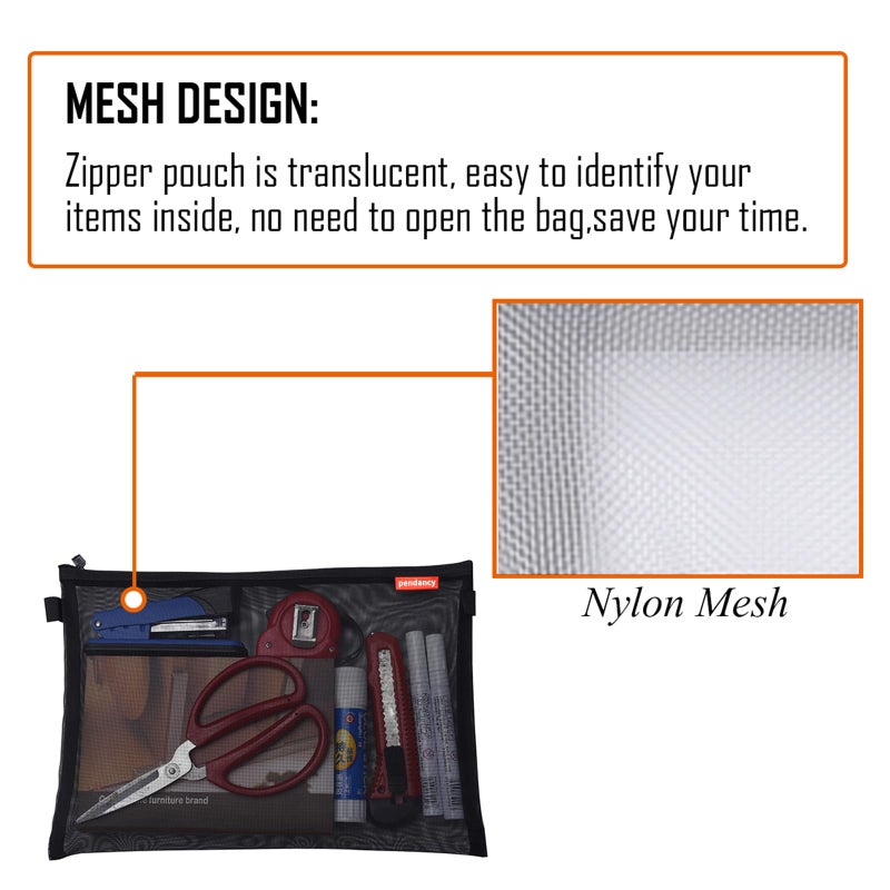 Pendancy Mesh Zipper Pouch 5pcs Lightweight Nylon File Folders Document Organizer Cosmetic Bags Accessories Storage for Travel and Office Supplies (Black, A4 A5 A6) - Image 4